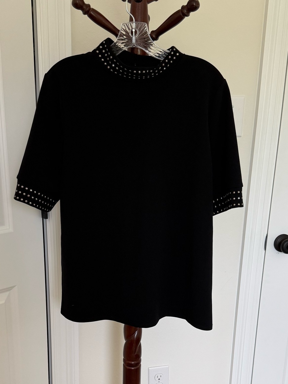 Worthington Black Short Sleeve Studded Neck & Cuff Blouse
